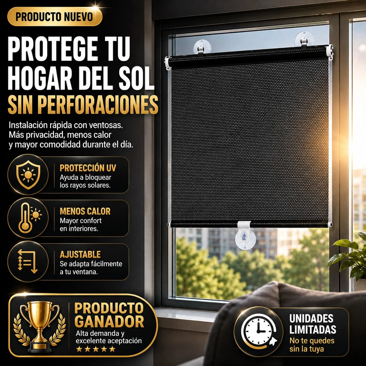 Persiana enrollable negra con ventosas, instalada en ventana de aluminio, bloqueando luz solar y calor sin perforaciones.