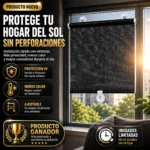 Persiana enrollable negra con ventosas, instalada en ventana de aluminio. Malla oscura bloquea luz solar, con detalles de protección UV, aislamiento térmico y ajuste fácil. Ideal para hogar o vehículos.