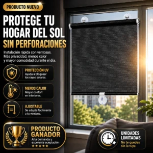 Persiana enrollable negra con ventosas, instalada en ventana de aluminio. Malla oscura bloquea luz solar, con detalles de protección UV, aislamiento térmico y ajuste fácil. Ideal para hogar o vehículos.