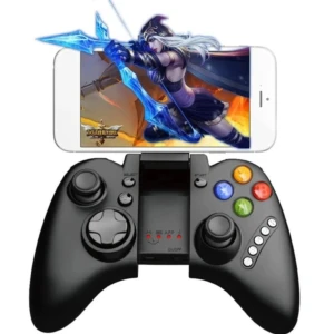 Control Ipega 9021 inalámbrico negro con joysticks, botones de colores y soporte para smartphone mostrando juego de fantasía.