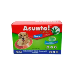 Caja de jabón Asuntol Sábila para perros, con de perro y hojas de sábila. Contiene 90g. Elimina pulgas, garrapatas y piojos.