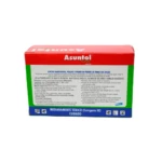 Caja de jabón Asuntol Sábila para perros, con etiqueta roja, verde y azul. Muestra instrucciones de uso, advertencias de toxicidad y símbolos de cuidado ambiental. Presentación rectangular con texto en español.