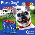 Paquete de FiproDog para perros y gatos, con protección de 30 días contra pulgas, garrapatas y piojos. Incluye dos presentaciones: una para perros de menos de 10 kg y otra para perros de más de 10 kg. El producto se muestra en su empaque original, con ilustraciones de perros y gatos, y texto informativo en español.