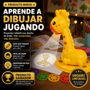 Proyector infantil amarillo en forma de jirafa, proyectando silueta de animal sobre papel con trazos para calcar, acompañado de discos de colores y lápices en entorno de juego creativo.