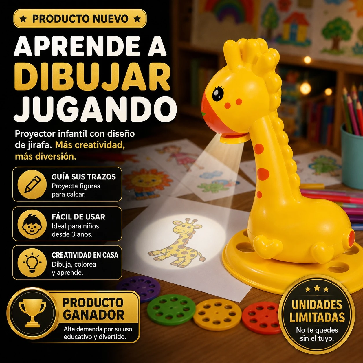 Proyector infantil amarillo con forma de jirafa, proyectando silueta de animal sobre papel para calcar. Incluye discos de colores y base circular. Ideal para niños desde 3 años.