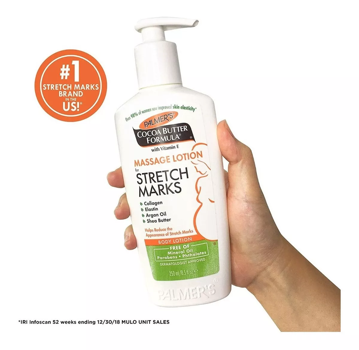 Botella blanca de 250 ml de crema corporal Palmers con bomba dispensadora, mostrando etiqueta frontal con de mujer embarazada y texto sobre hidratación y prevención de estrías.