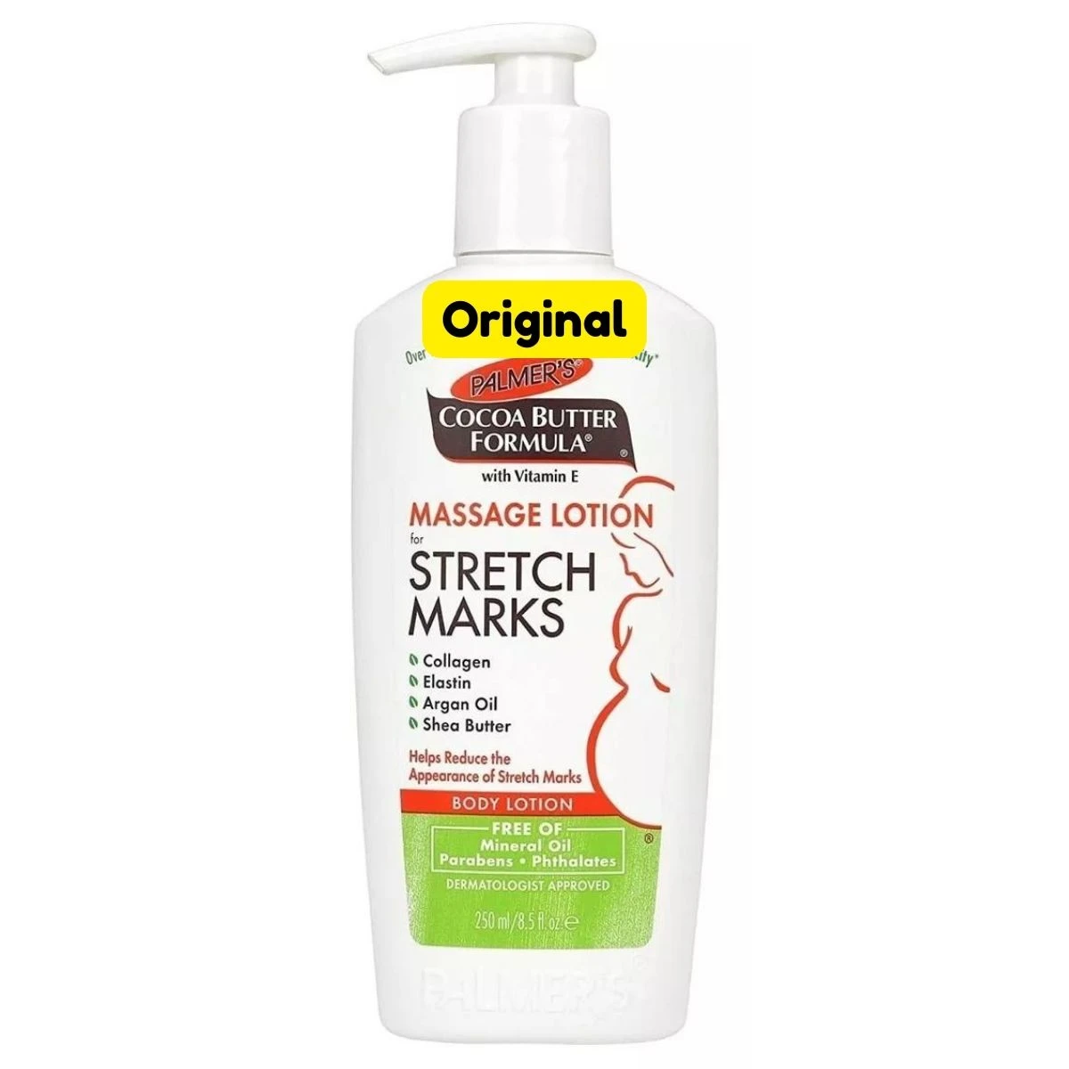 Botella blanca de crema corporal Palmers Original, con bomba dispensadora y etiqueta que indica fórmula de manteca de cacao, vitamina E y aceites naturales para hidratación profunda y prevención de estrías.