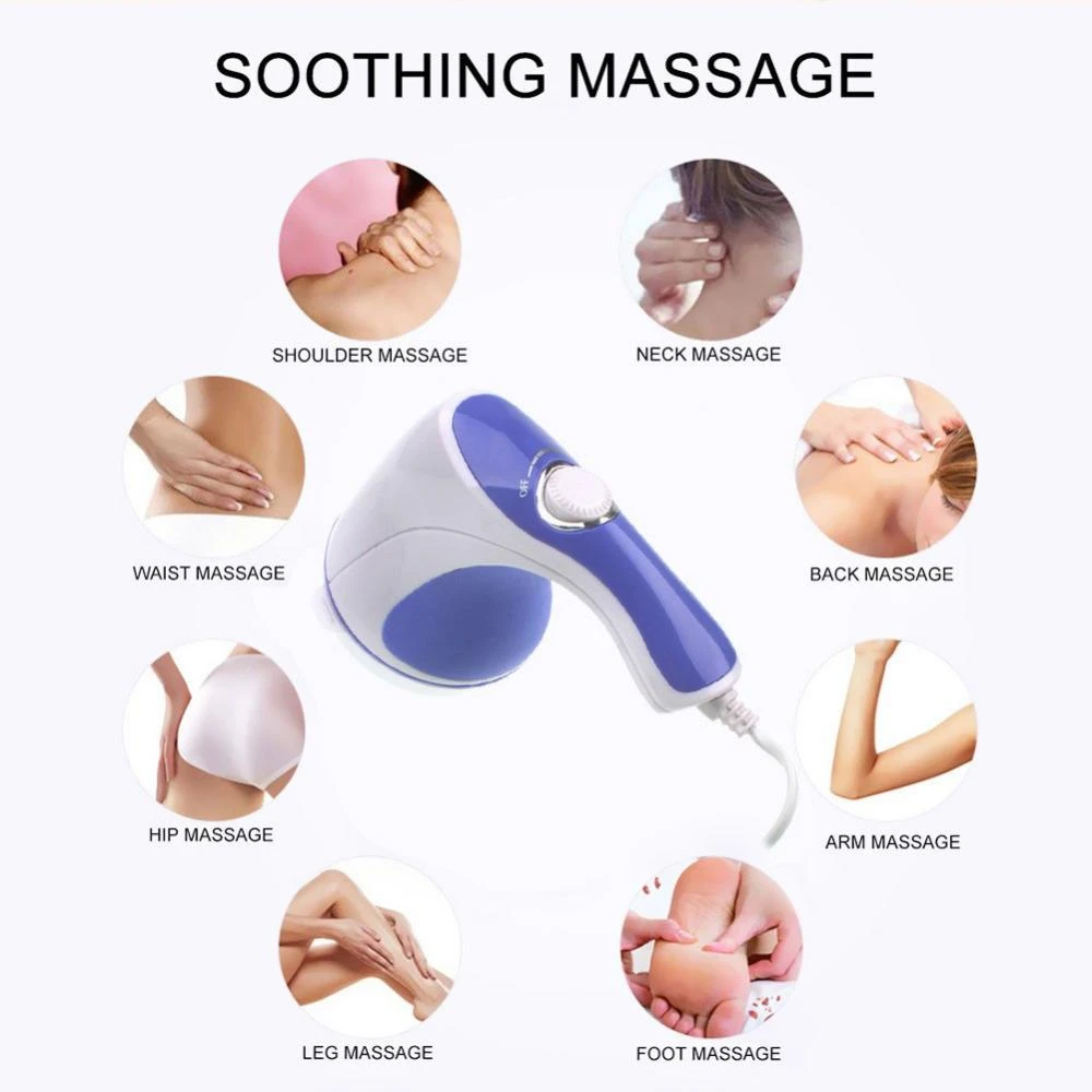 Masajeador eléctrico corporal azul y blanco con accionamiento rotacional, mostrando zonas de aplicación: hombros, cuello, espalda, caderas, brazos, piernas y pies.