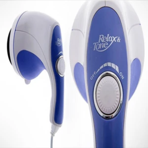 Masajeador eléctrico corporal Relax & Tone en azul y blanco, con cabezal rotacional y dial de intensidad OFF a ON.