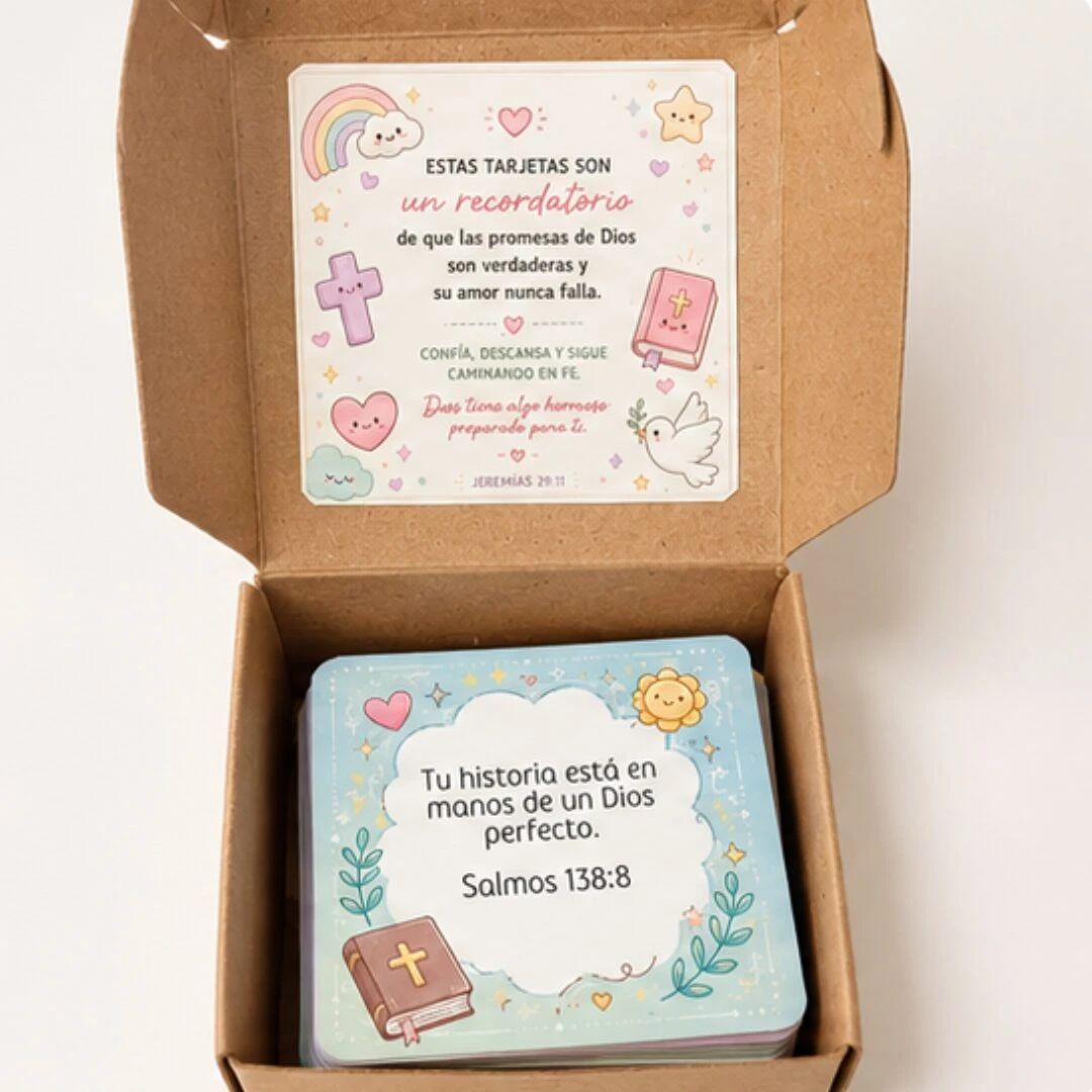 Caja de cartón abierta mostrando tarjetas con mensajes bíblicos, diseño pastel con ilustraciones de arcoíris, cruz y libro, texto visible en tapa y tarjeta interior.