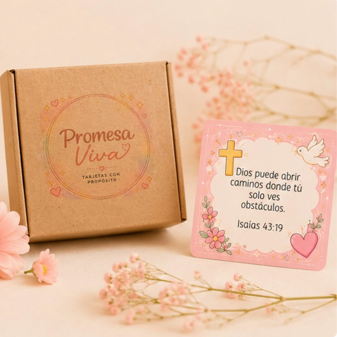 Tarjetas con mensajes bíblicos Promesa V en caja de cartón marrón y tarjeta rosa con texto inspirador, cruz y paloma blanca.