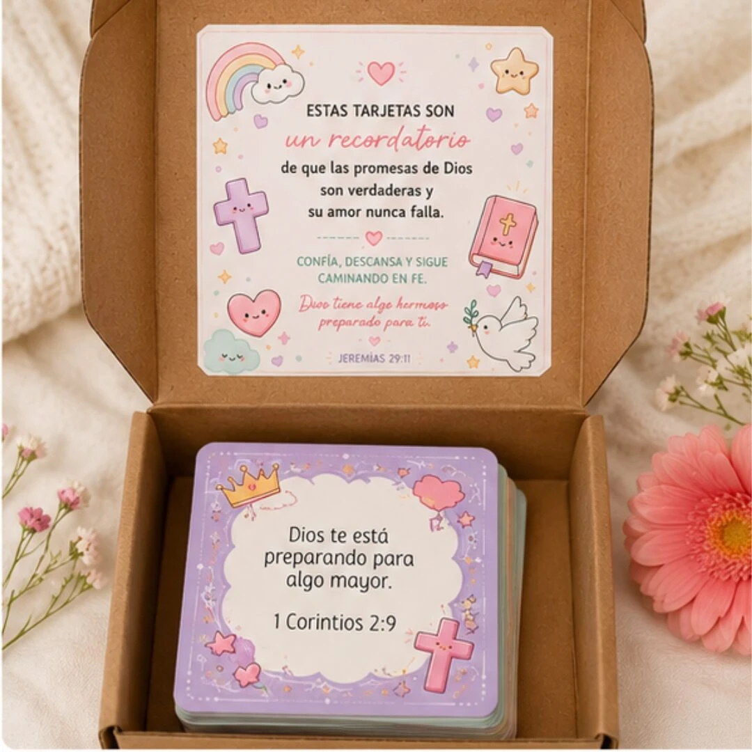 Caja de tarjetas con mensajes bíblicos en tonos pastel, abierta para mostrar interior y portada. Incluye tarjeta visible con frase de 1 Corintios 2:9, diseño infantil con cruz, corona y paloma. Ideal para regalo o reflexión diaria.