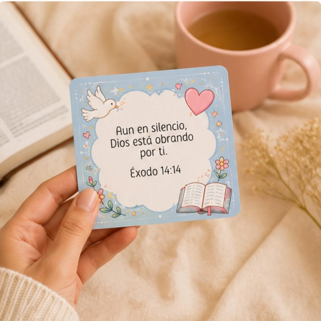 Tarjeta con mensaje bíblico de Éxodo 14:14, diseño azul claro con paloma, corazón y libro abierto, sostenida en mano sobre tela beige con taza y libro al fondo.