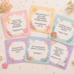 Seis tarjetas cuadradas con bordes redondeados y colores pastel, cada una con un mensaje bíblico en español, ilustraciones suaves y diseño minimalista.