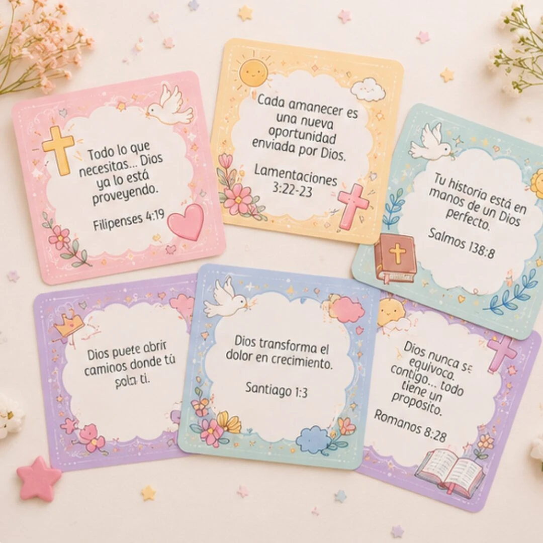Seis tarjetas cuadradas con bordes redondeados y colores pastel, cada una con un mensaje bíblico en español, ilustraciones suaves y diseño minimalista.
