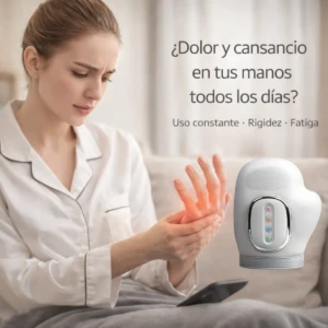 Masajeador de manos blanco con panel de control, acompañado de mujer en pijama sosteniendo mano con zona roja, ilustrando alivio para rigidez y fatiga.