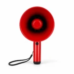 Megáfono Lang Yun C68 Plus en color rojo brillante, con mango ergonómico y correa negra para transporte. Visto frontalmente, muestra su bocina circular y botón de encendido en el cuerpo.