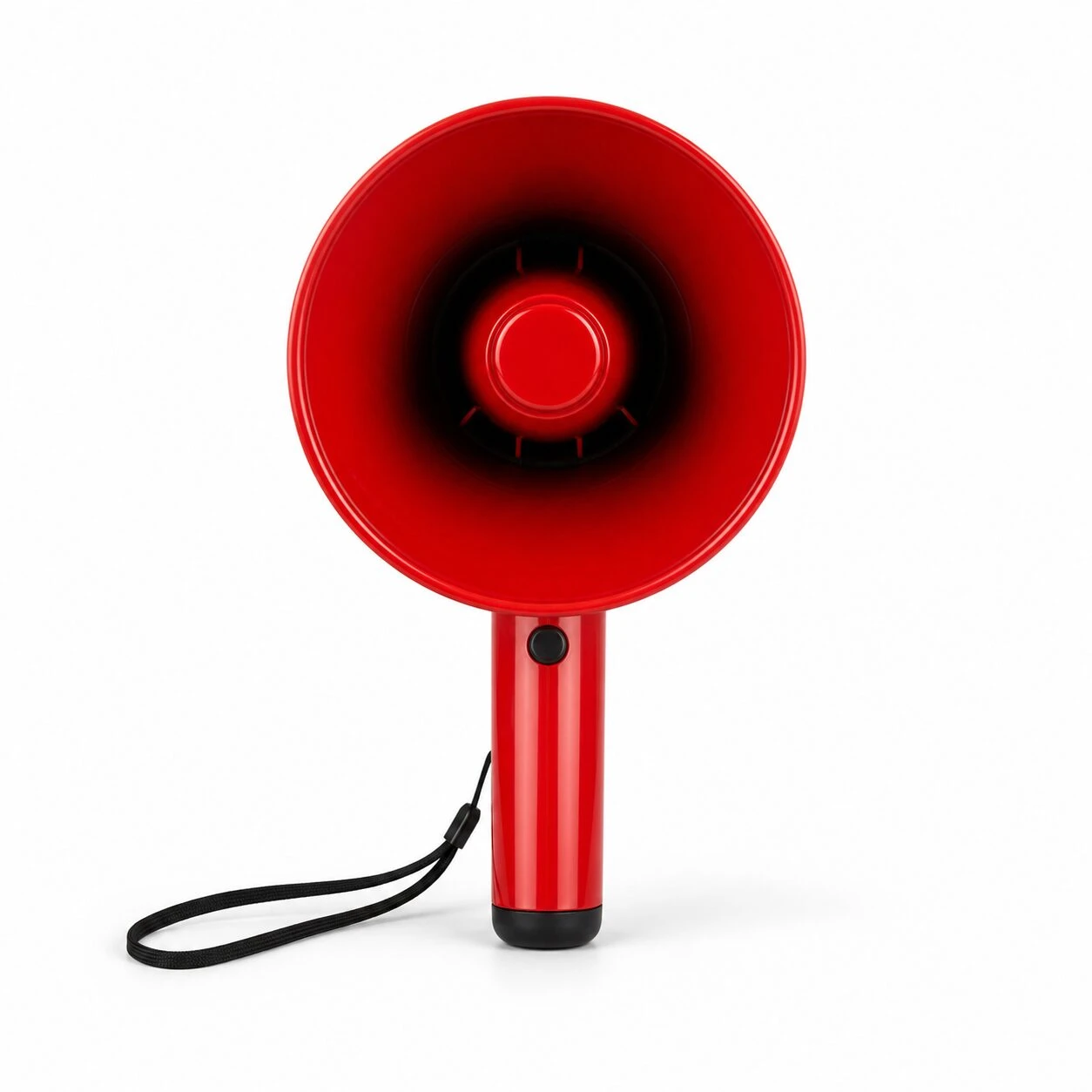 Megáfono Lang Yun C68 Plus en color rojo brillante, con mango ergonómico y correa negra para transporte. Visto frontalmente, muestra su bocina circular y botón de encendido en el cuerpo.