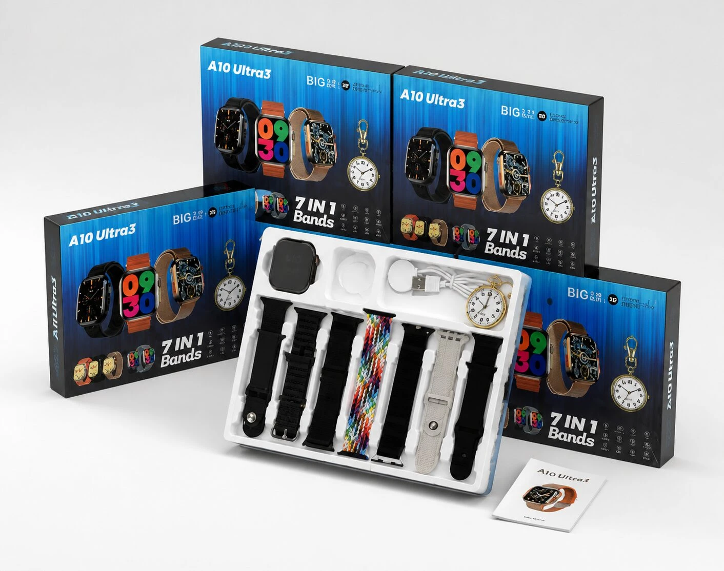 Reloj inteligente A10 Ultra 3 con caja de accesorios que incluye siete correas intercambiables, pulsera de cuero, correa de tela y reloj de bolsillo, mostrados en empaque azul con diseño futurista.