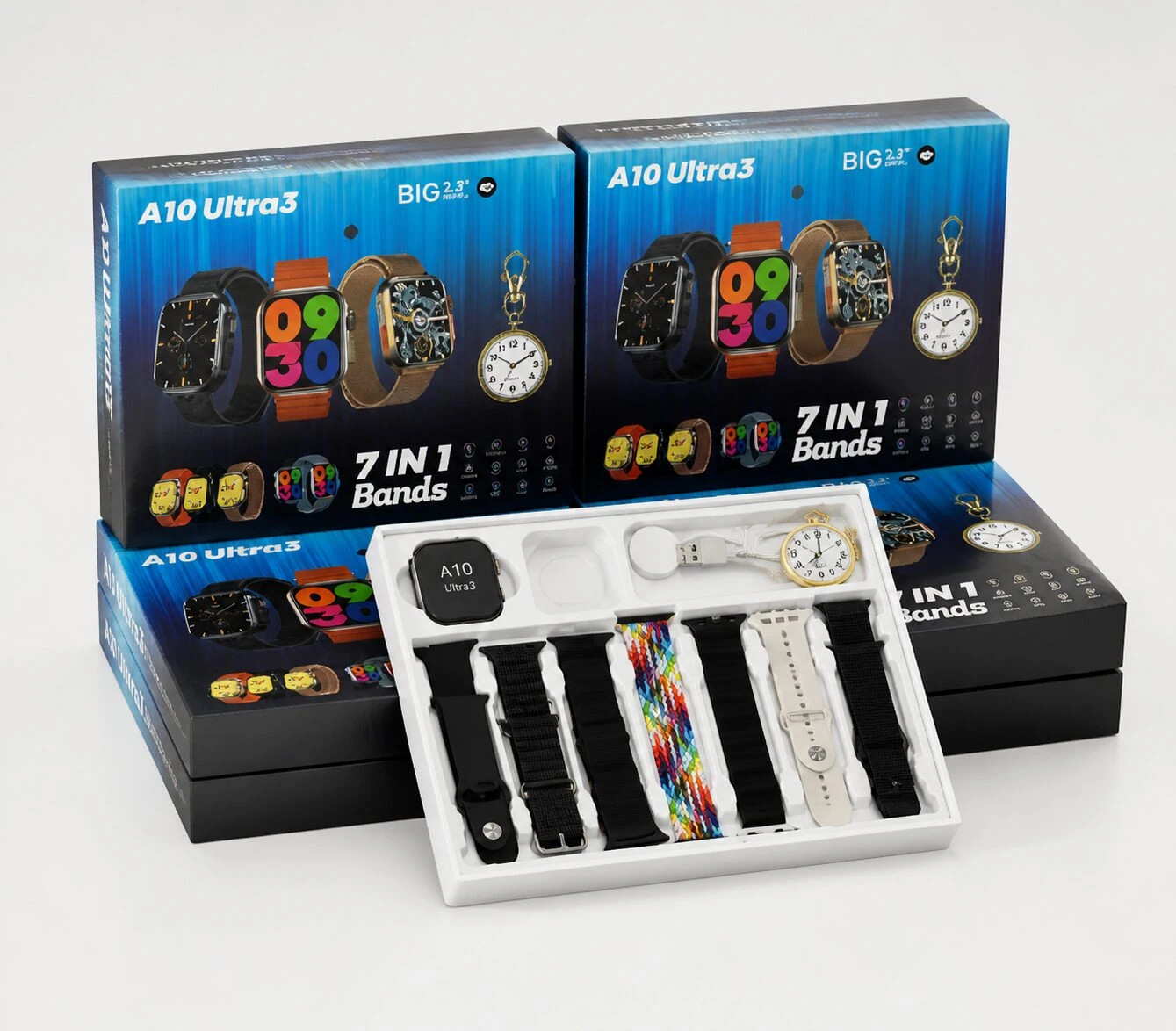 Reloj inteligente A10 Ultra 3 con caja de accesorios que incluye siete correas intercambiables en colores negro, blanco y multicolor, junto con un reloj analógico y un cargador.