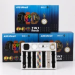 Pack de reloj inteligente A10 Ultra 3 con caja azul y bandeja blanca que incluye siete correas intercambiables, cargador y reloj de bolsillo.