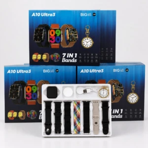 Pack de reloj inteligente A10 Ultra 3 con caja azul y bandeja blanca que incluye siete correas intercambiables, cargador y reloj de bolsillo.