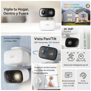 Cámara Tapo C216 2K en blanco, con visión nocturna a color, resistencia al agua IP65 y movimiento detectable por IA.