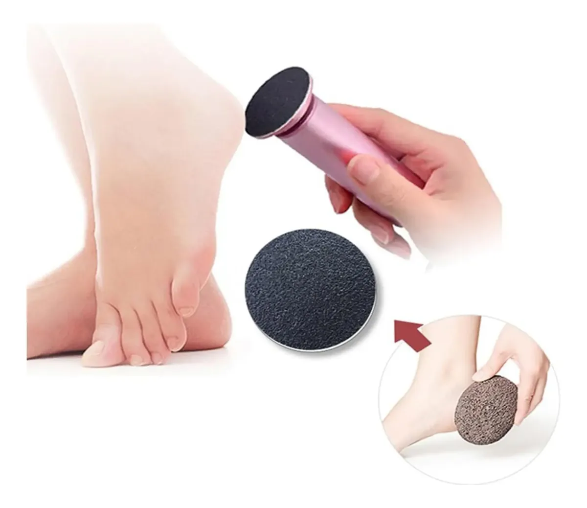 Disco lija exfoliante para pies en color rosa, con textura granulada visible. Se muestra en uso sobre el talón de un pie, junto a una ampliación de la superficie abrasiva y una variante en tono marrón.
