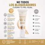 Bloqueador solar facial color piel SPF 50 con pigmentos, envase blanco con detalles dorados, textura ligera y acabado natural.