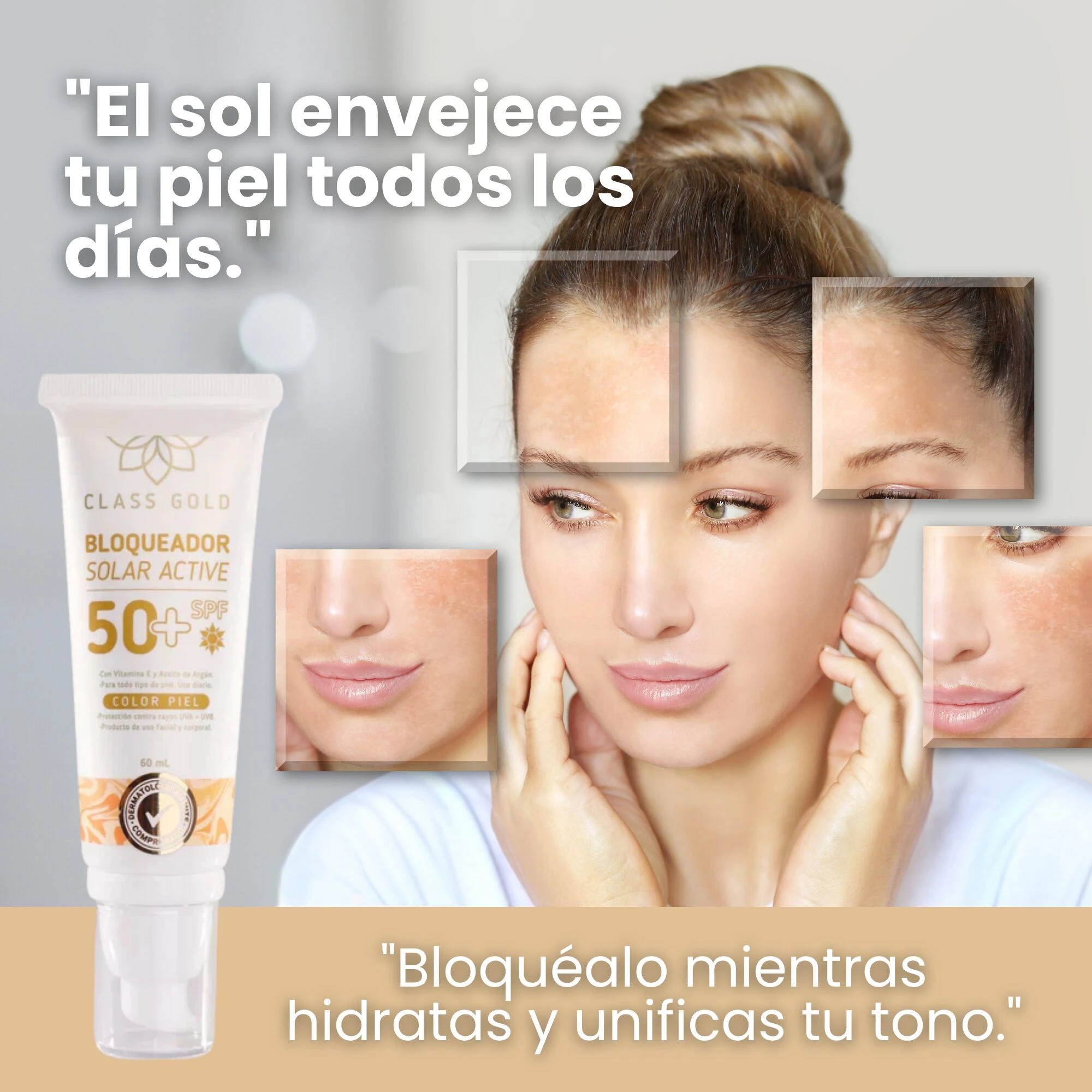 Tubo de bloqueador solar facial color piel SPF 50 con pigmentos, mostrando textura cremosa y efecto unificador en rostro femenino.