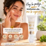 Tubo de bloqueador solar facial color piel SPF 50 con pigmentos, mostrando aplicación en rostro de mujer sonriente, con texto promocional y detalles de beneficios como hidratación y protección UV.