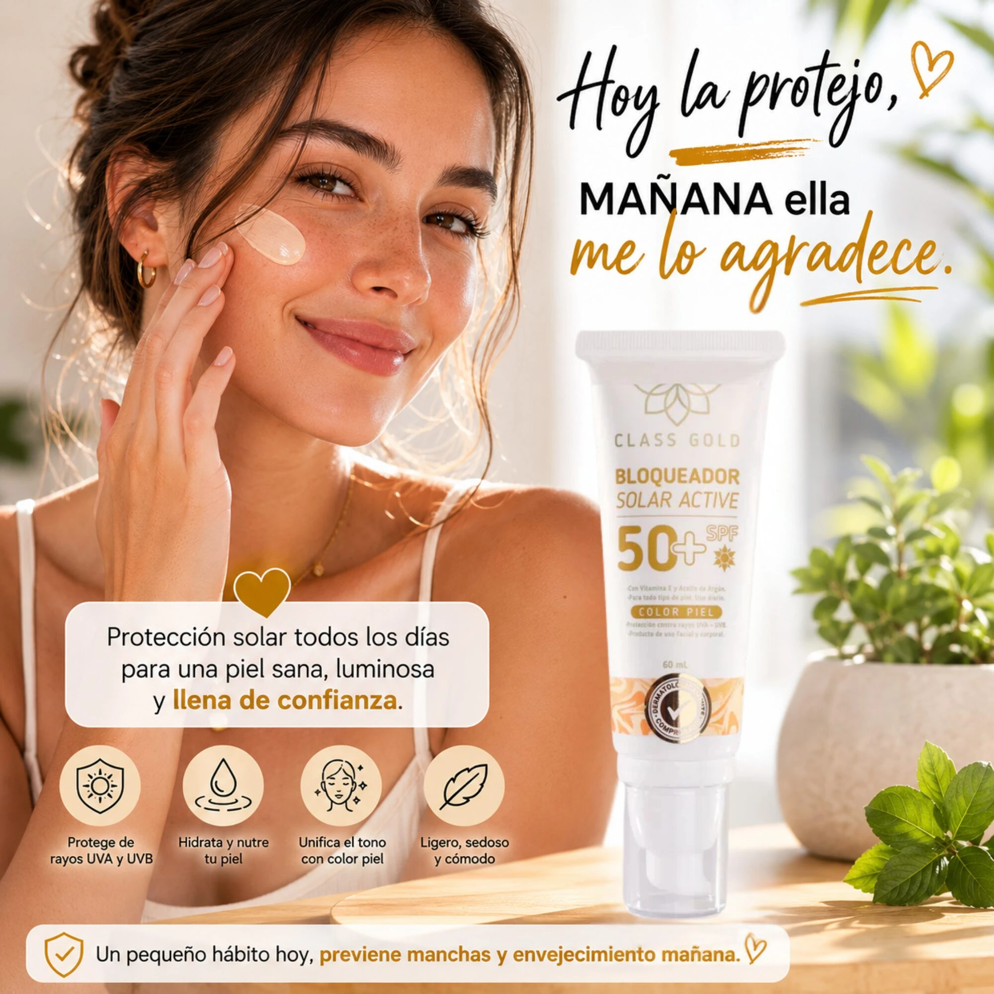 Tubo de bloqueador solar facial color piel SPF 50 con pigmentos, mostrando aplicación en rostro de mujer sonriente, con texto promocional y detalles de beneficios como hidratación y protección UV.