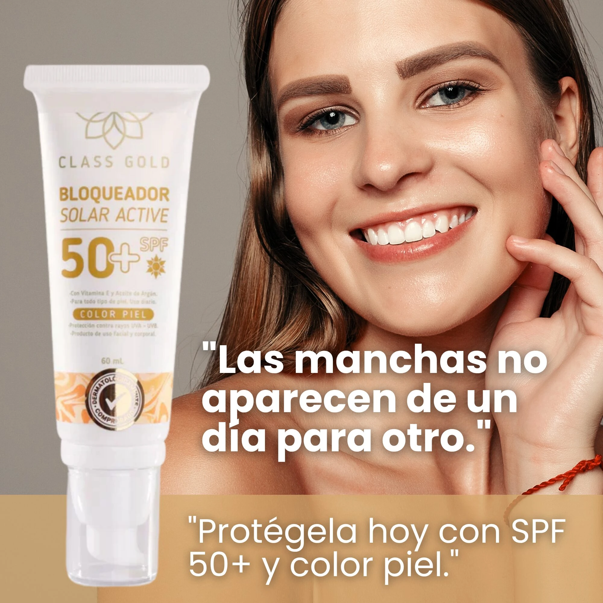 Tubo de bloqueador solar facial color piel SPF 50+ con pigmentos, junto a mujer sonriendo con piel uniforme.