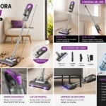 Aspiradora inalámbrica 2 en 1, color morado y gris, con mango ajustable, base de carga y accesorios incluidos. Muestra uso en sofá, suelo y escalones. Incluye filtro HEPA y luz LED frontal.