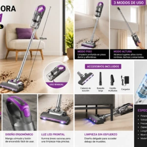 Aspiradora inalámbrica 2 en 1, color morado y gris, con mango ajustable, base de carga y accesorios incluidos. Muestra uso en sofá, suelo y escalones. Incluye filtro HEPA y luz LED frontal.