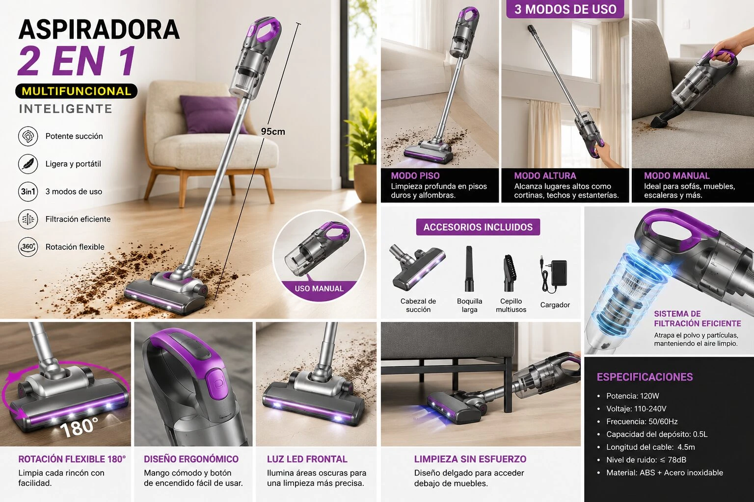 Aspiradora inalámbrica 2 en 1, color morado y gris, con mango ajustable, base de carga y accesorios incluidos. Muestra uso en sofá, suelo y escalones. Incluye filtro HEPA y luz LED frontal.