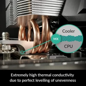 Pasta térmica MX-4 de Arctic en aplicación sobre CPU, con disipador de calor visible y diagrama que muestra transferencia térmica entre procesador y refrigerante.