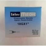 Caja de 100 agujas desechables esterilizadas Intermedic, modelo 18GX1", con de aguja y detalles de certificación CE visibles en empaque azul claro.