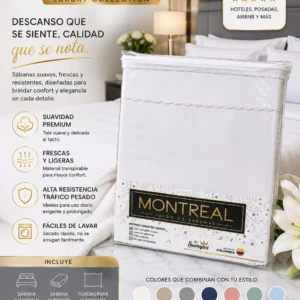 Juego de sábanas blancas de la colección Montreal Luxury Collection, con etiquetas visibles que destacan su suavidad, frescura y resistencia al tráfico pesado. Presentado sobre cama con cojines y lámpara de fondo, acompañado de flores blancas y paleta de colores complementarios.