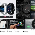 Reloj inteligente S13 Max en vista frontal y lateral, con correa negra y pantalla táctil de alta definición. Muestra funciones como notificaciones, monitoreo de salud y resistencia al agua. Disponible en blanco y negro.
