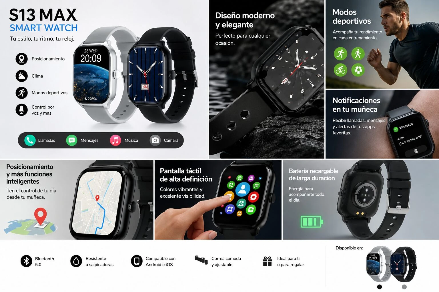 Reloj inteligente S13 Max en vista frontal y lateral, con correa negra y pantalla táctil de alta definición. Muestra funciones como notificaciones, monitoreo de salud y resistencia al agua. Disponible en blanco y negro.