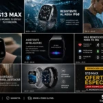 Reloj inteligente S13 Max en color negro, con pantalla táctil y correa de silicona, mostrando notificaciones y funciones de monitoreo de salud.
