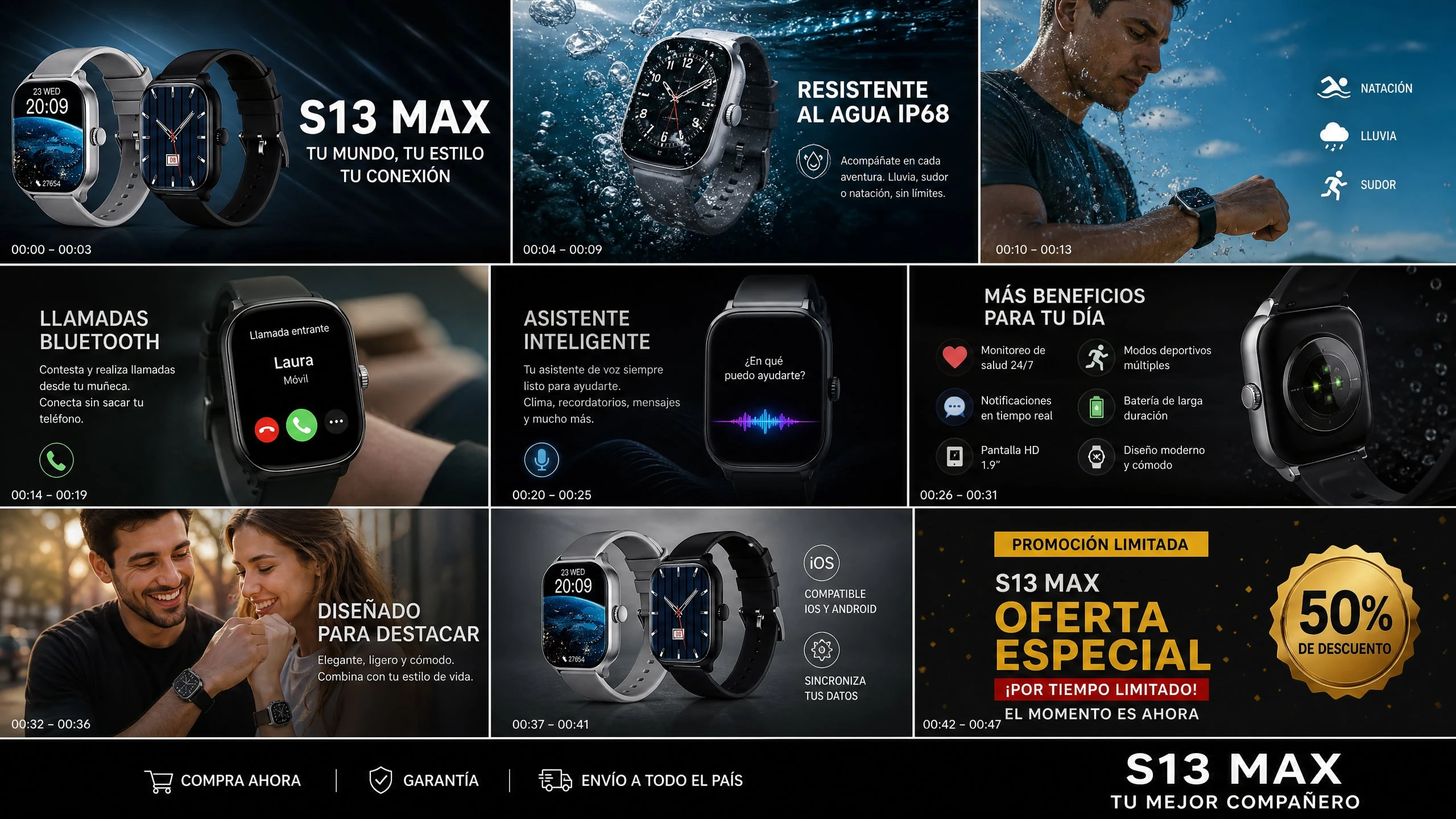 Reloj inteligente S13 Max en color negro, con pantalla táctil y correa de silicona, mostrando notificaciones y funciones de monitoreo de salud.