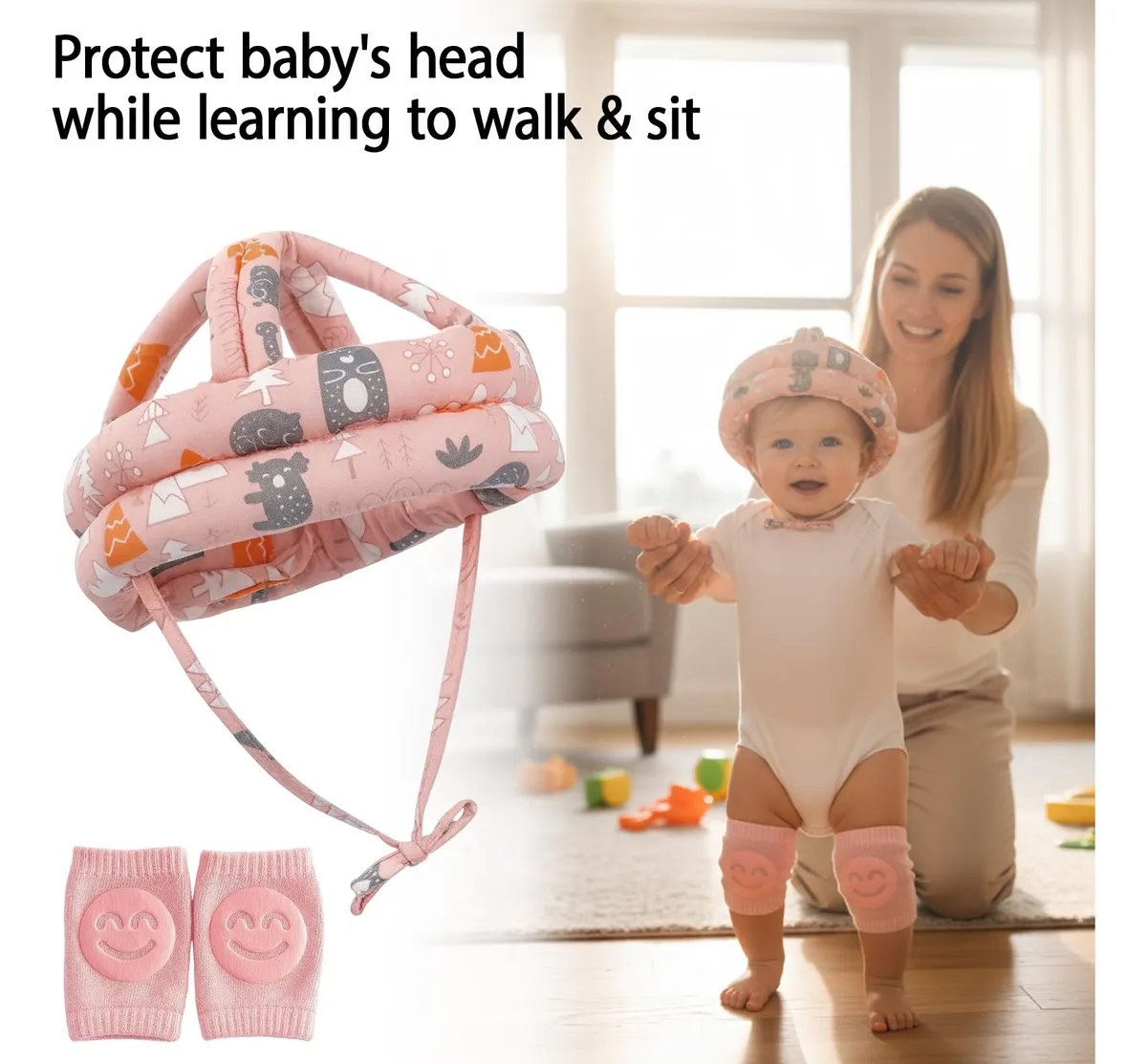 Casco de seguridad para bebé en color rosa con estampado de animales, acompañado de rodilleras del mismo diseño. Incluye correa ajustable y se muestra junto a un niño caminando con el equipo puesto, sobre fondo claro con juguetes dispersos.