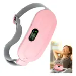 Cinturón térmico menstrual rosa con pantalla digital, correa elástica gris ajustable y panel de masaje abdominal.
