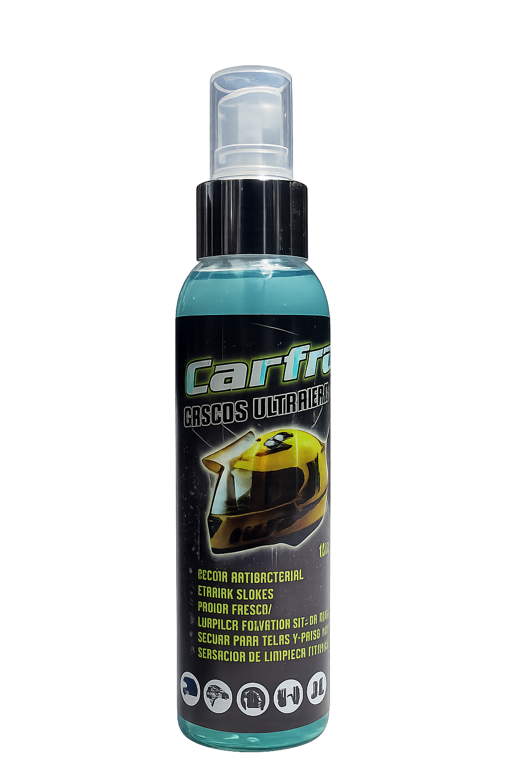 Botella de spray azul con etiqueta negra que muestra cascos amarillos y texto en español, diseñado para limpieza y eliminación de olores en cascos y telas.