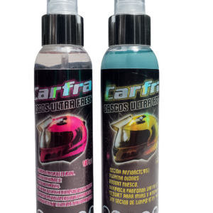 Dos botellas de spray Carfra Cascos Ultra Fresh, una con líquido transparente y otra azul, mostrando cascos rosa y amarillo en sus etiquetas.