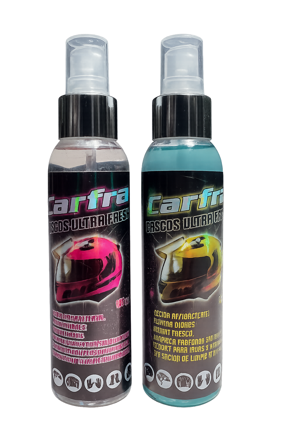 Dos botellas de spray Carfra Cascos Ultra Fresh, una con líquido transparente y otra azul, mostrando cascos rosa y amarillo en sus etiquetas.