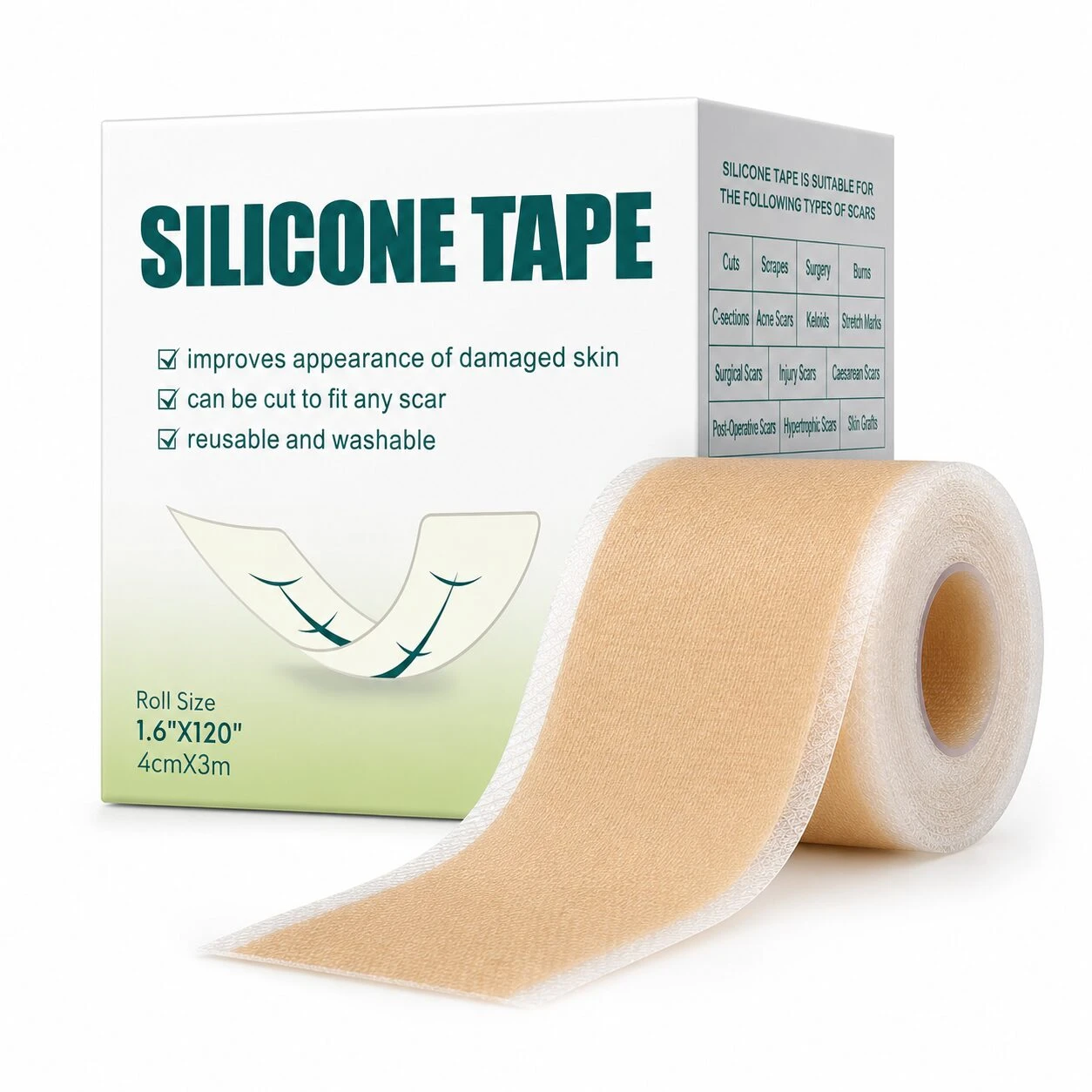 Cinta de silicona lavable para cicatrices, color beige, rollo de 1.6 x 120 cm con caja que muestra de uso en piel.