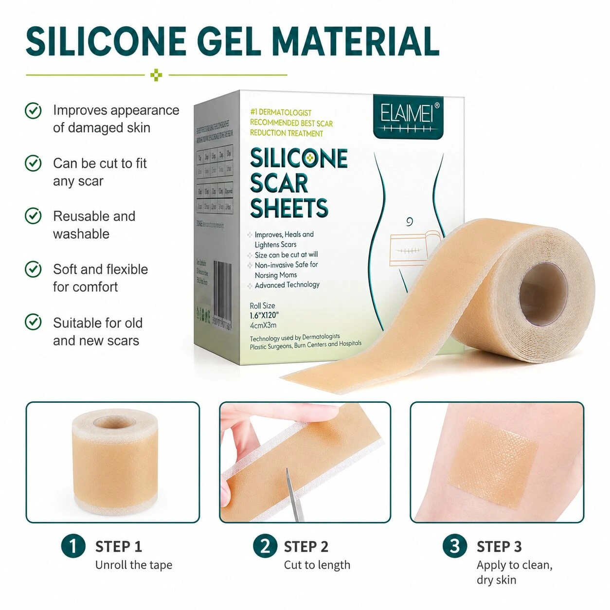 Cinta de silicona lavable para cicatrices, color beige, con caja y rollo desplegado mostrando textura suave y flexible. Incluye instrucciones de uso en tres pasos.